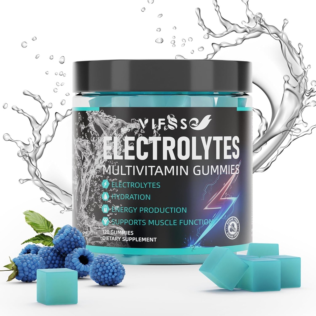 Électrolytes Gummies Pas de sucre, 120 Électrolytes à croquer Gummies avec 6 Électrolytes pour les coureurs et les sports d'endurance, framboise bleue rafraîchissante, électrolyte d'hydratation Chews, 1 pack