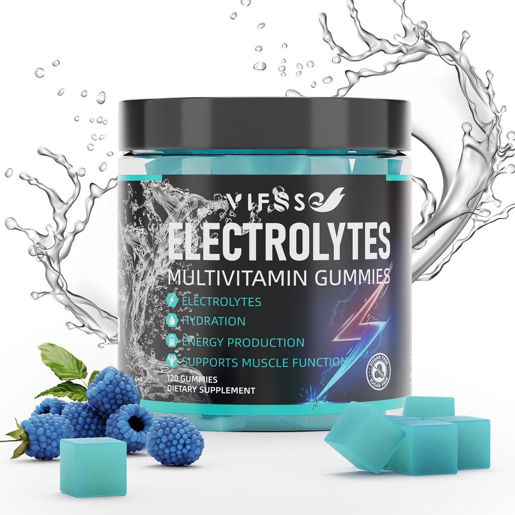 Électrolytes Gummies Pas de sucre, 120 Électrolytes à croquer Gummies avec 6 Électrolytes pour les coureurs et les sports d'endurance, framboise bleue rafraîchissante, électrolyte d'hydratation Chews, 1 pack