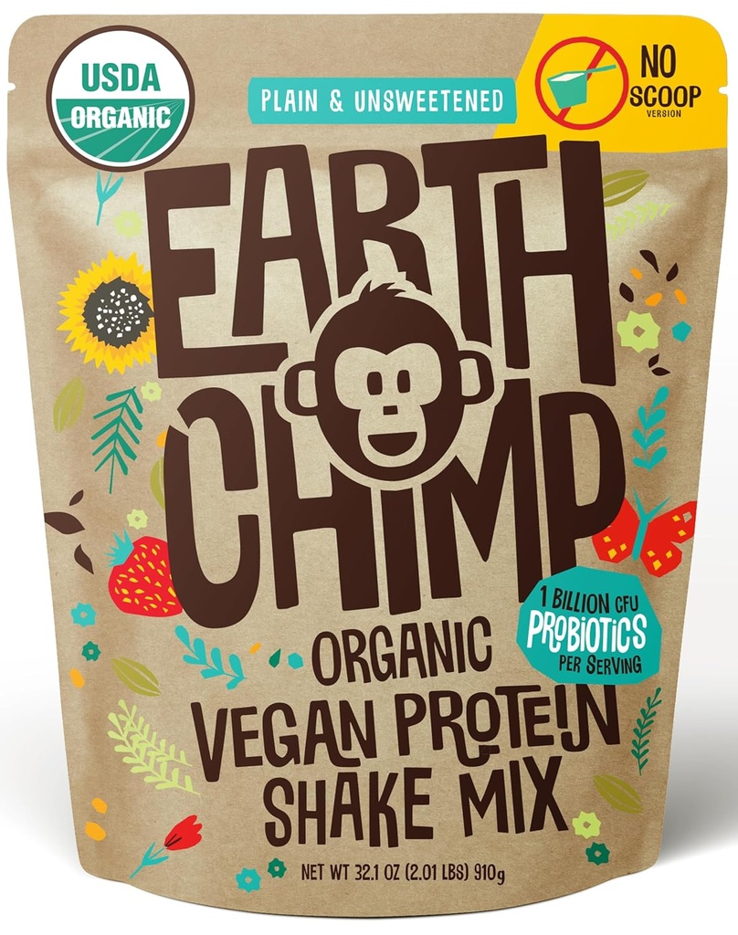 EarthChimp poudre de protéines végétales organiques - avec probiotiques - Non OGM, sans produits laitiers, sans lactosérum, à base de plantes poudre de protéines pour les femmes et les hommes, sans gluten - 26 portions 32 Oz (Plain et non sucré) Non Scoop