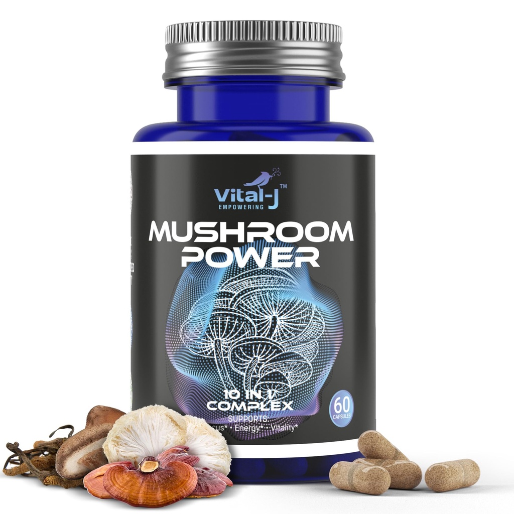 Complexe de puissance des champignons 10-en-1 W/Cordyceps, Reishi, Shiitake & Lions Mane, complément alimentaire nootrope pour le microbiome de Gut, focus, énergie et vitalité - 60 capsules
