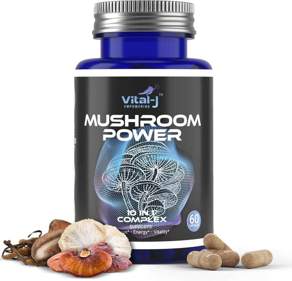 Complexe de puissance des champignons 10-en-1 W/Cordyceps, Reishi, Shiitake & Lions Mane, complément alimentaire nootrope pour le microbiome de Gut, focus, énergie et vitalité - 60 capsules