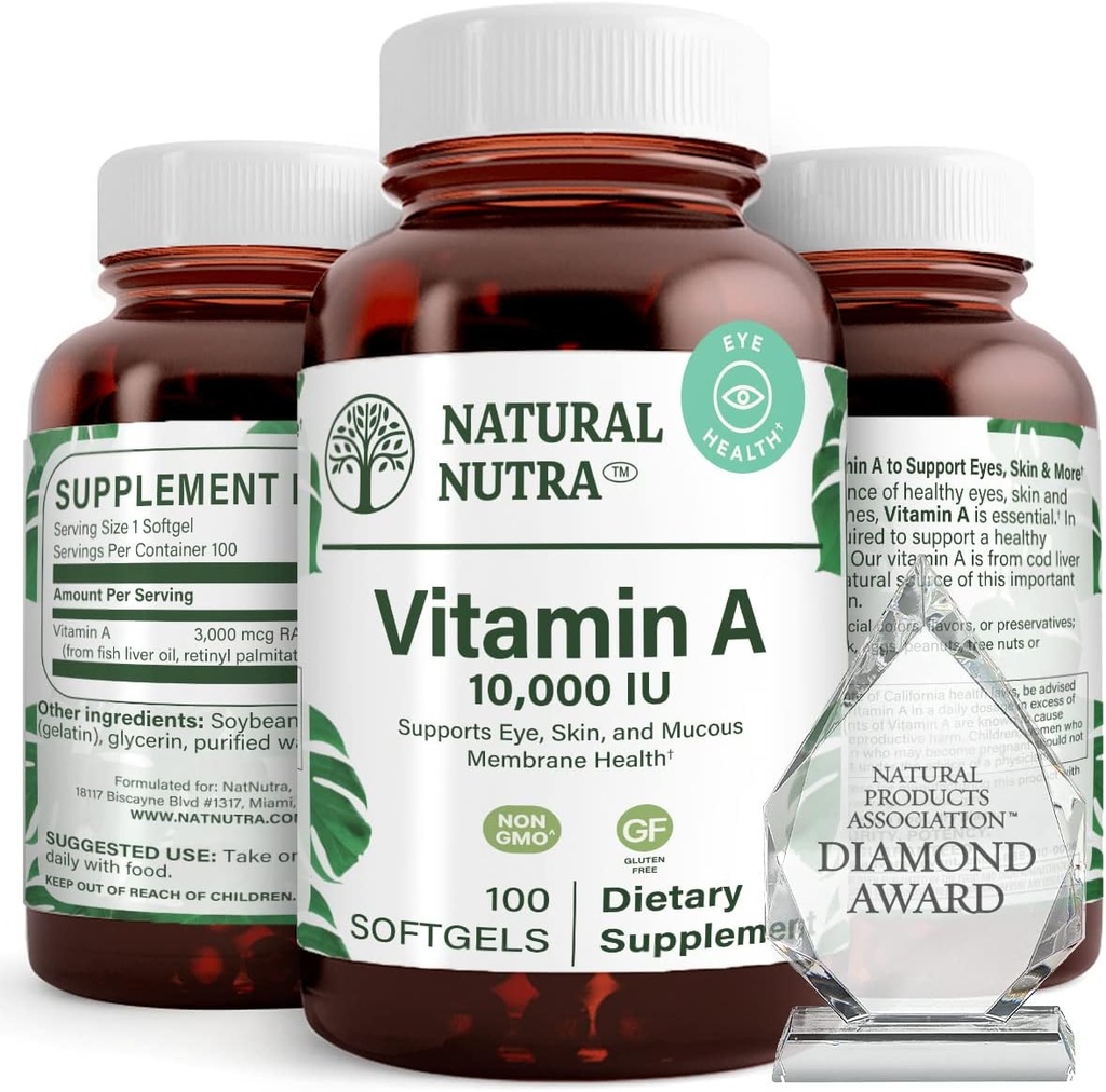 Vitamine Nutra naturelle A 10 000 UI de softgels – Vitamines oculaires et cutanées de haute puissance – Supplément sans gluten de vitamine A pour la vue et la santé de la peau – Huile de foie de poisson pour les hommes et les femmes, sans gluten 100 softgels
