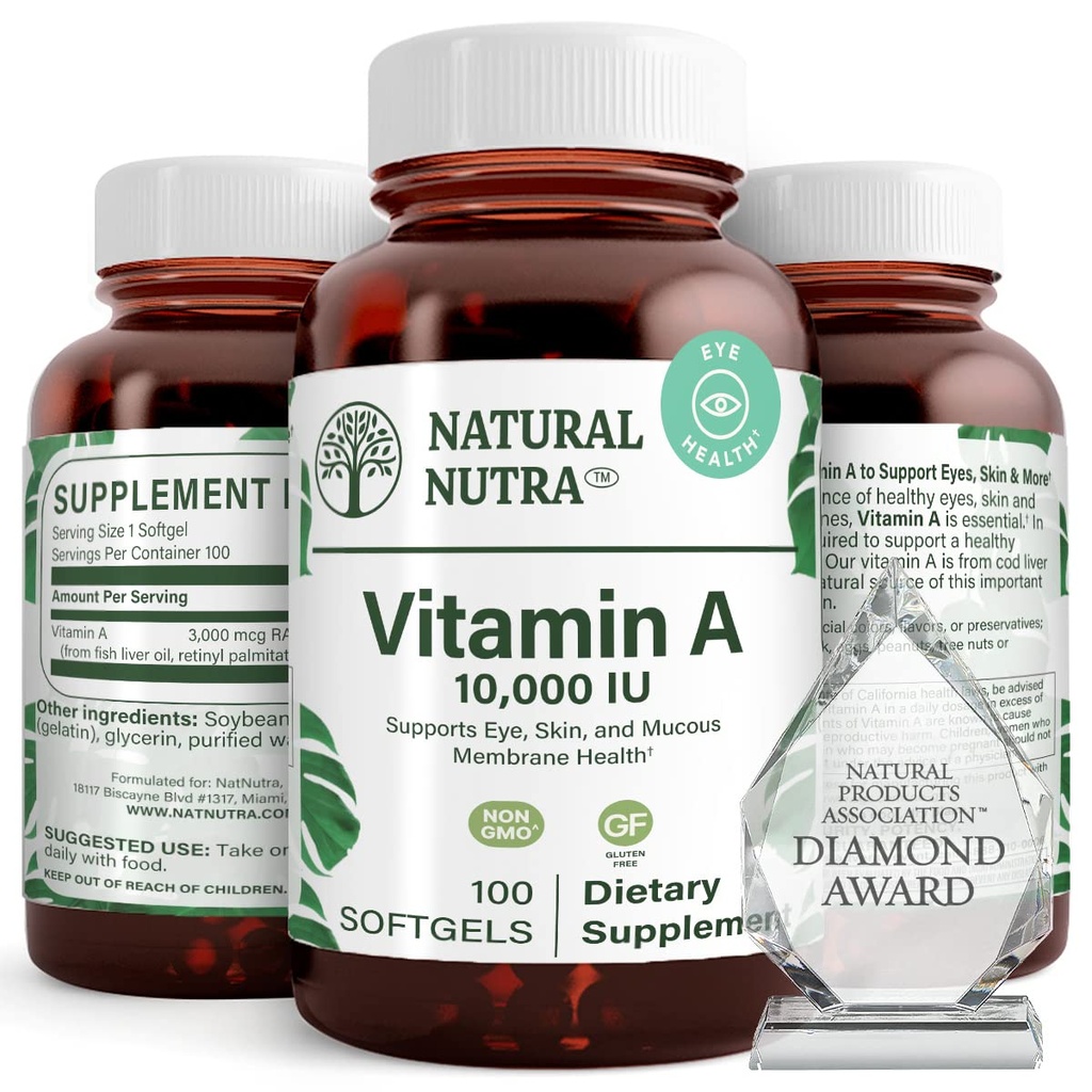 Vitamine Nutra naturelle A 10 000 UI de softgels – Vitamines oculaires et cutanées de haute puissance – Supplément sans gluten de vitamine A pour la vue et la santé de la peau – Huile de foie de poisson pour les hommes et les femmes, sans gluten 100 softgels