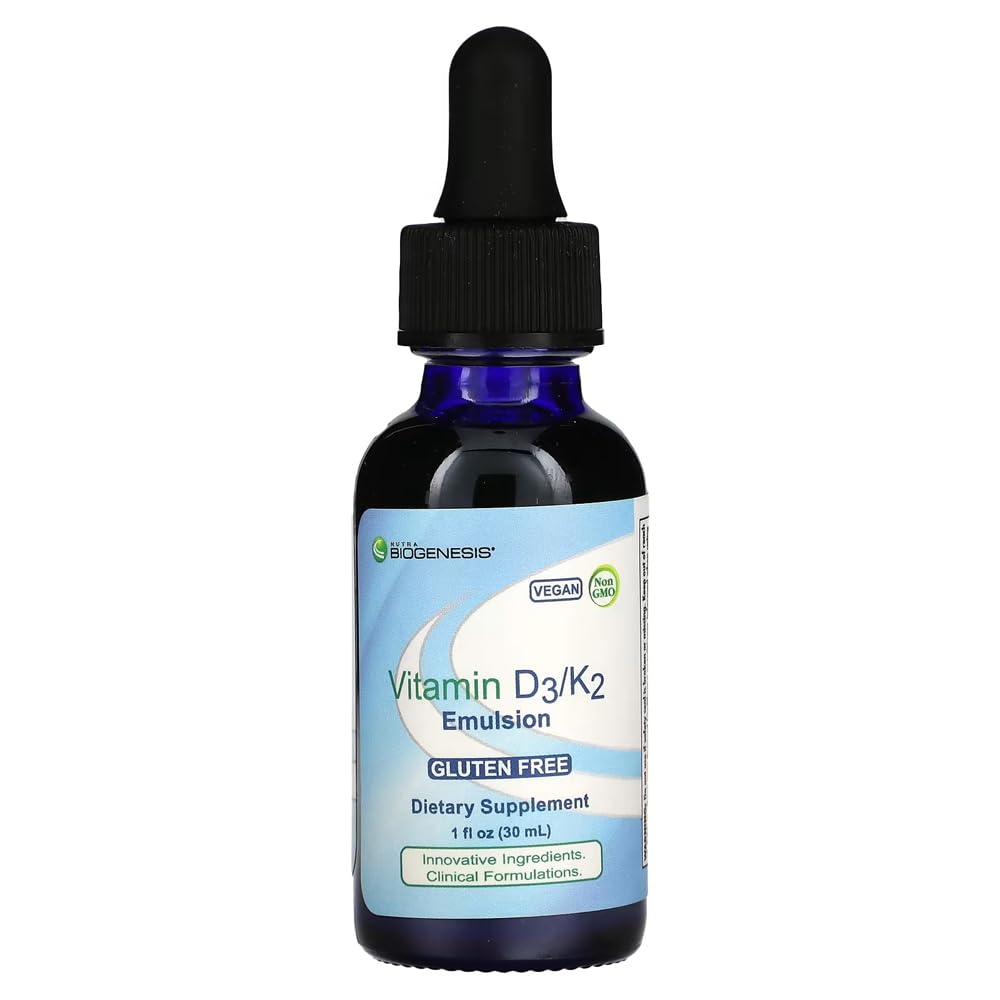 Nutra Biogenèse Vitamine D3/K2 Emulsion - Liquid Vitamine D gouttes avec huile MCT, supplément D3 K2 pour adultes et enfants, goutte à huile sublinguale pour femmes et hommes - 1 Fl Oz bouteille (30 ml)