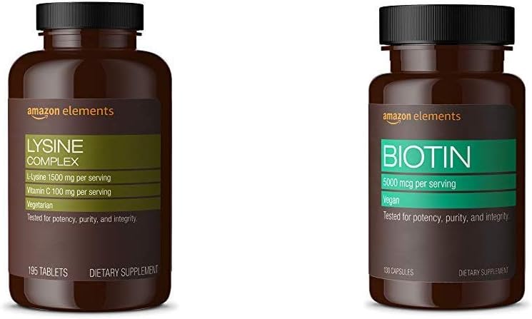 Eléments Complexe de lysine avec vitamine C (1500 mg L-Lysine avec 100 mg Vitamine C par portion - 3 comprimés), soutient la santé immunitaire, végétarienne, 195 Compte (emballage peut varier) et Eléments Vegan Biotin 5000 mcg - Cheveux, peau, ongles, 130 Capsules (4 mois) (emballage peut varier)