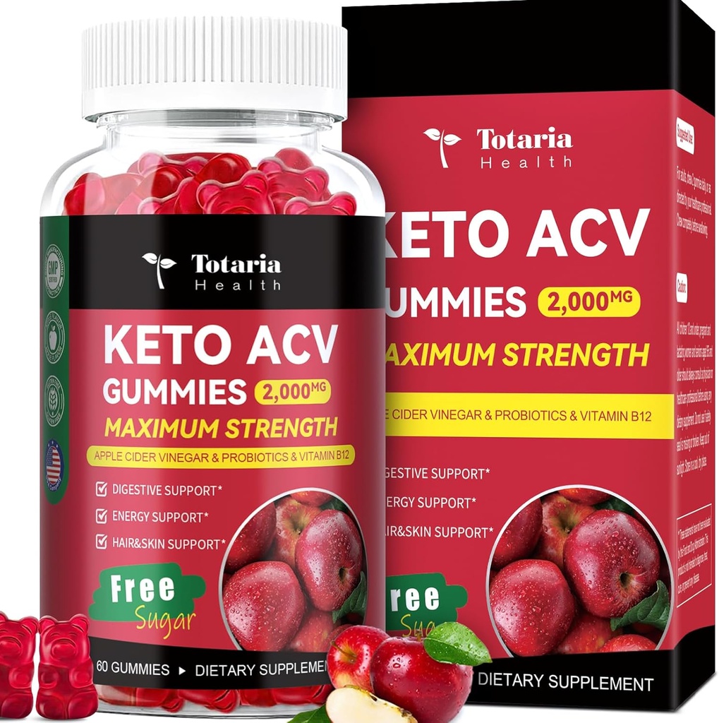 Totaria Keto Gommies de vinaigre de cidre de pomme - 2000mg Gommies de vinaigre de cidre de pomme Soutien sans sucre santé de taille avec probiotiques, B12, suppléments de kéto pour les femmes et les hommes, 60 comtes