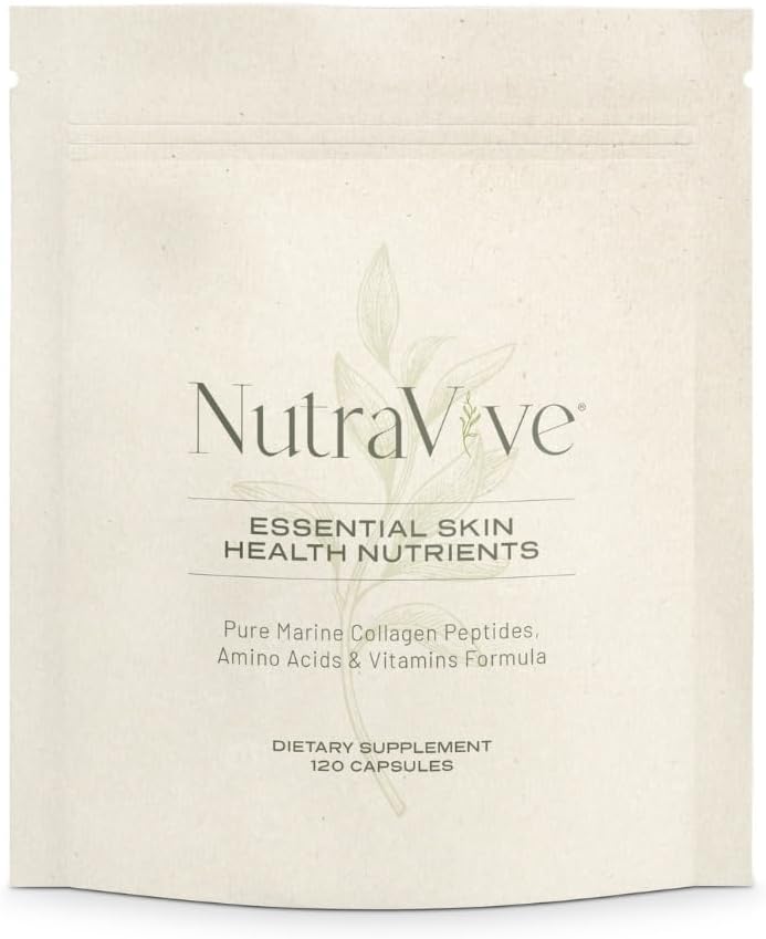 NutraVive Nutriments essentiels pour la santé de la peau – Peptides de collagène marine Morikol® hydrolysés, acides aminés et vitamines - Promouvoir la fermeté, réduire les rides et améliorer l'élasticité de la peau - 120 capsules