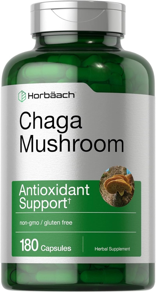 Horbäach Chaga Capsules de champignons de 180 comtes Supplément sans OGM et sans gluten
