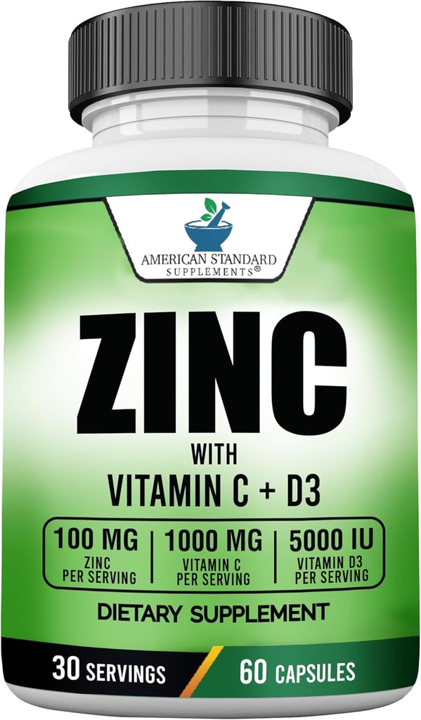 American Standard Supplements Zinc 100mg, Vitamin C 1000mg, and Vitamin D3 5000 IU (125mcg) Per Serving - Gluten Free, Non-GMO, 60 Capsules, 30 Servings