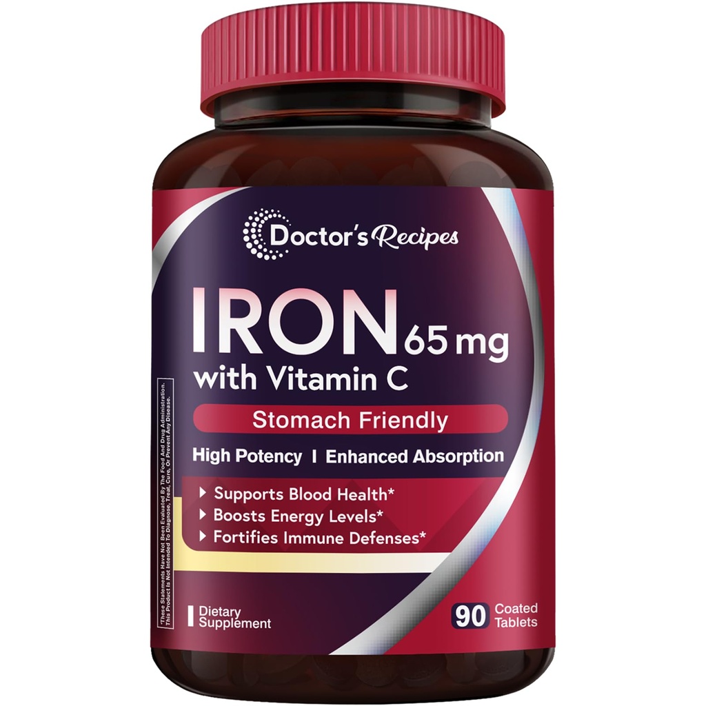 Recettes du médecin Supplément de fer 65 mg avec vitamine C - Absorption maximale et pilules de fer amies de l'estomac pour la formation de globules rouges, le coeur, le cerveau et l'immunité Santé - Comprimés de fer Vegan Non-OGM 90