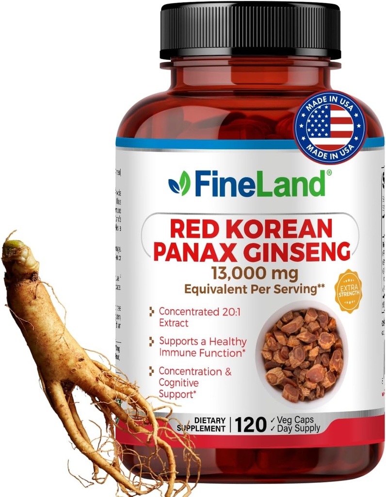 FineLand Rouge Coréen Panax Ginseng 13,000 mg - Max Streng 20:1 Extrait - Supplément de soutien immunitaire et cognitif concentré pour les hommes et les femmes - 120 Capsules de Veggie