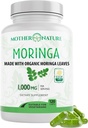 Mother Nature Organics Moringa Capsules – Poudre de feuille de Moringa biologique, d'origine unique, soutien énergétique et immunitaire, métabolisme, focus, vitamine C – végétalien, 500mg, 120 capsules