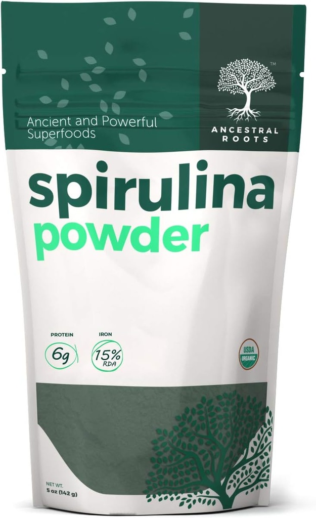 Racines ancestrales - Poudre de Spiruline Bio (5 oz) Certifié USDA Poudre de Spiruline Vegan I 100% Pure Superfood pour la santé optimale et le soutien immunitaire.