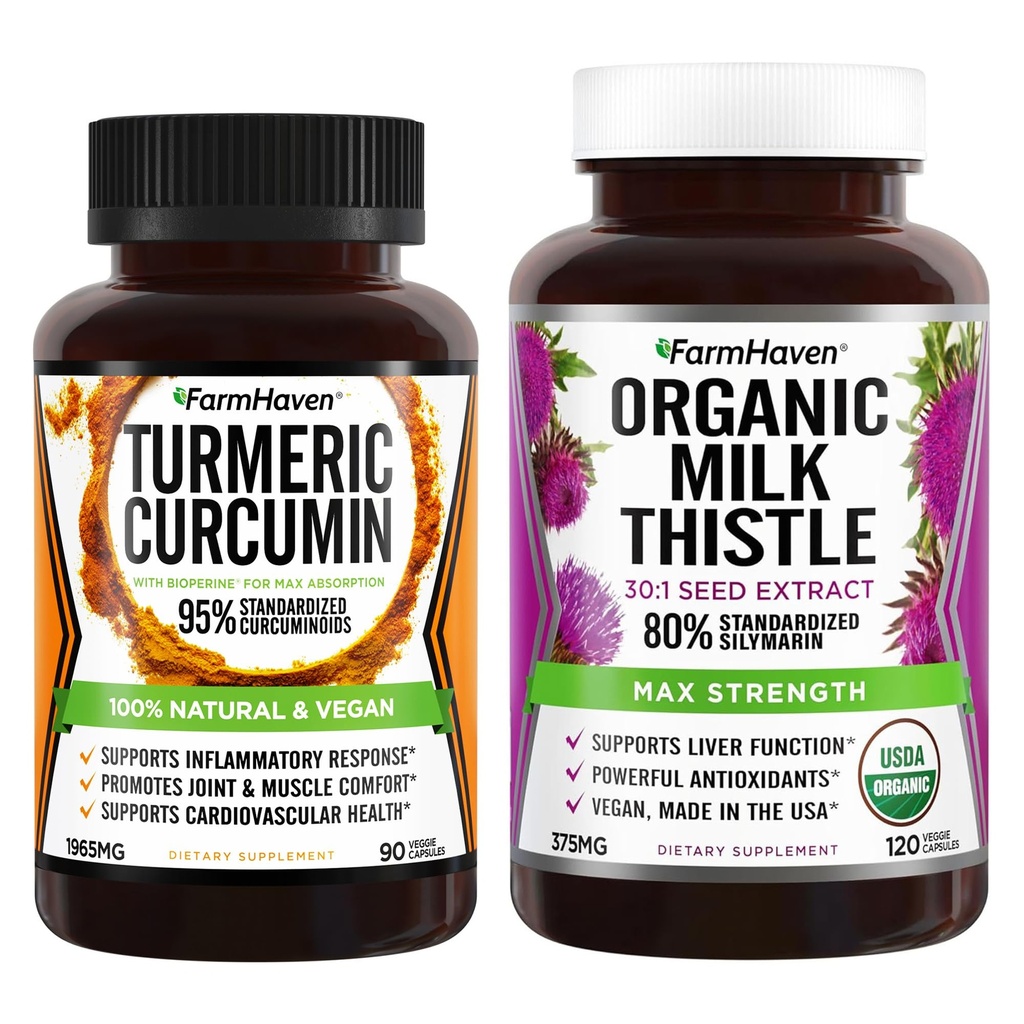 FarmHaven Thistle de lait 120 Capsules et Curcumine 90 Capsules