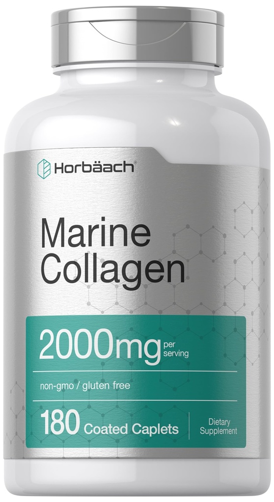 Horbäach Marine Collagen Peptides 2000mg | 180 Caplet Capsules | Type 1 with Calcium | Non-GMO, Gluten Free Supplement