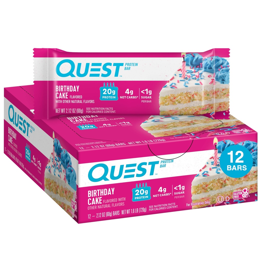Quest Nutrition Anniversaire Cake Protein Bars, 20g de protéines, 1g de sucre, 4g de glucides nets, sans gluten, Keto Friendly, 12 Compte