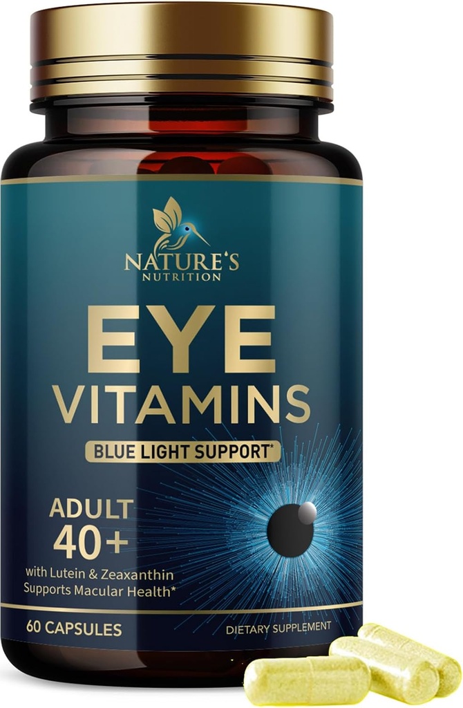 Supplément Vitamines oculaires - Vitamine de soins oculaires avancés avec Lutéine, Zinc, Vitamines C, E, Zeaxanthin & Minéraux - Vision multivitamine pour la santé maculaire et les yeux secs, Vegan, mis en bouteille aux États-Unis - 60 Capsules