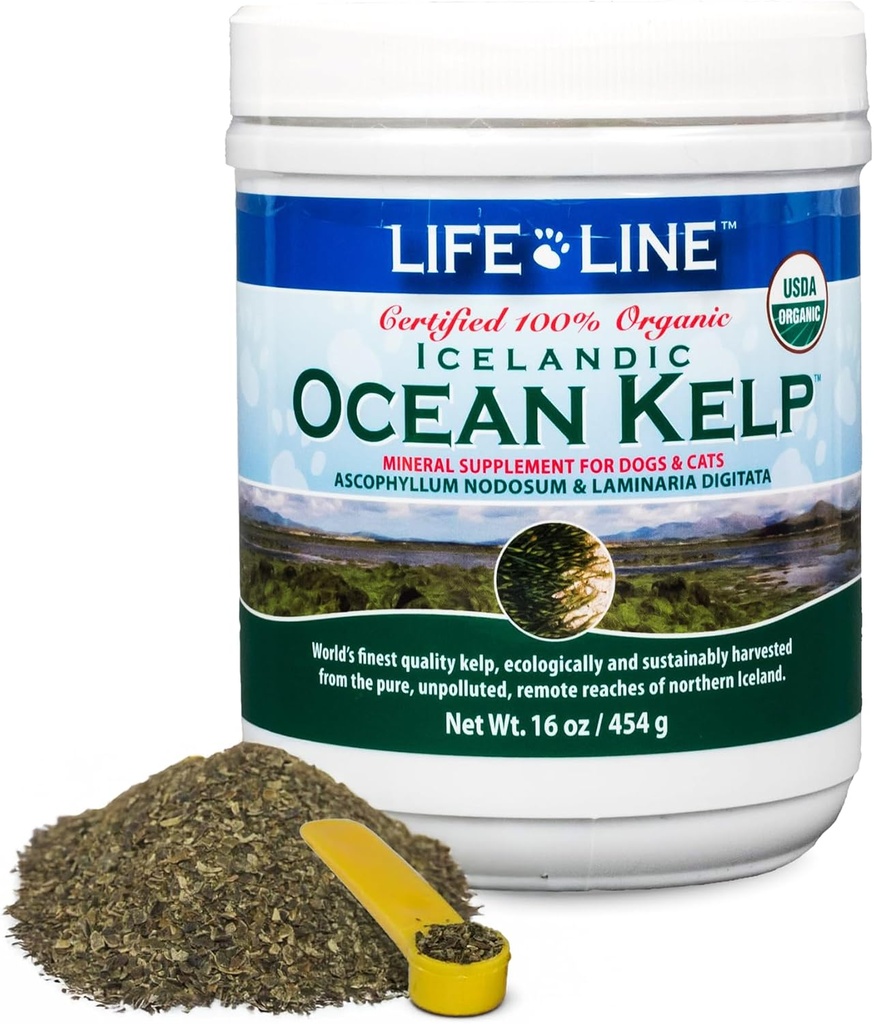 Life Line Certified American Ocean Kelp for Animals & Livestock (USDA) soutient la santé de la peau et du manteau, la fonction immunitaire et l'hygiène dentaire.