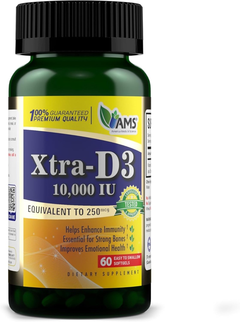 America Medic & Science Xtra D3 Vitamine D 10 000 UI (250 mcg) Supplément Cholecalciferol pour les hommes et les femmes (60 Softgels faciles à avaler) Meilleur pour les os, la santé cardiaque, le soutien du système immunitaire, la fonction pulmonaire