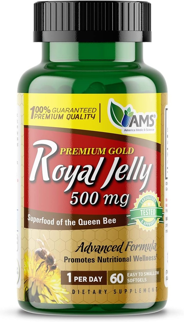 America Medic & Science Royal Jelly 500mg (60 softgels) , Superfood of The Queen Bee , Supplément alimentaire pour les femmes , favorise l'immunité et la fertilité , soutient la peau, le foie, le coeur et la santé du cerveau
