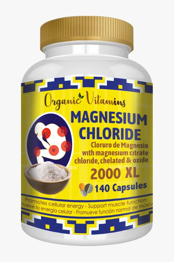 Chlorure de magnésium 140 Capsules - Supplément Magnésium à haute absorption avec Citrate, chélaté et Oxyde Mg. Facile à avaler, Non-OGM