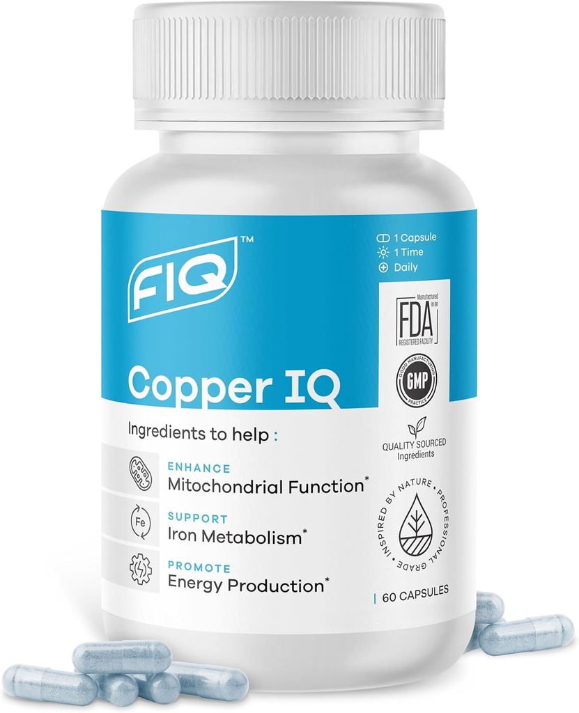 FIQ - Cuivre IQ - Suppléments en cuivre avec bisglycinate de cuivre - Soutien énergétique et support mitochondrial - Cuivre chélaté, haute absorption - 60 capsules
