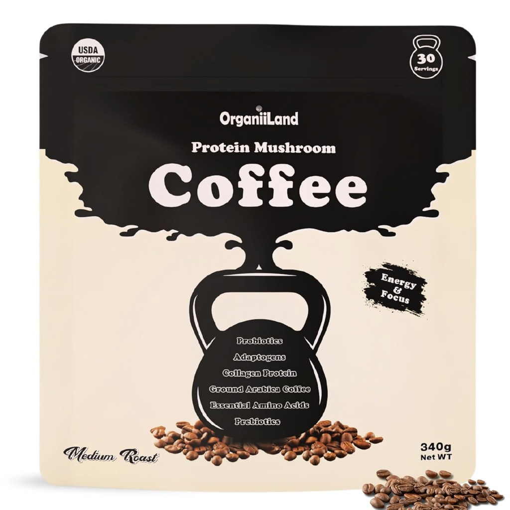 Café de champignons protéiniques par OrganiiLand, Café au sol avec collagène, Lion's Mane, Chaga, Turkey Tail, Reishi, Maitake, L-Theanine, Focus, Énergie, Immunité et Digestion.