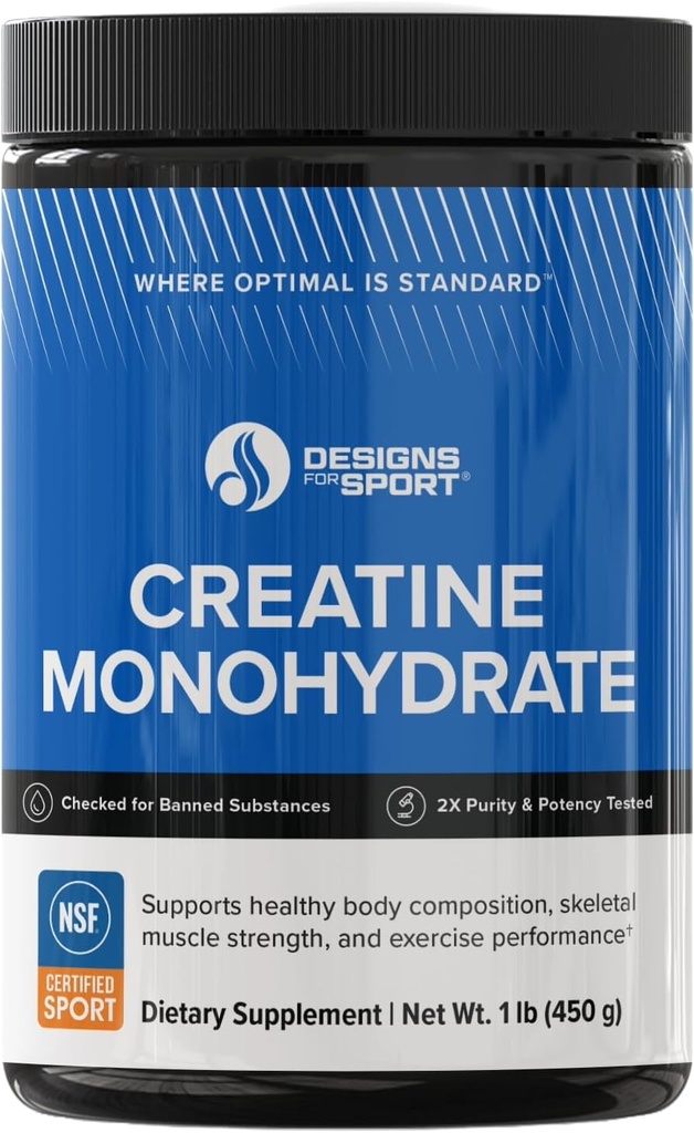 Designs for Sport Creatine Poudre monohydratée - NSF Certifié pour Sport Creatine Supplément pour soutenir la récupération musculaire, pré + post entraînement force et énergie (1 lb / 90 portions)
