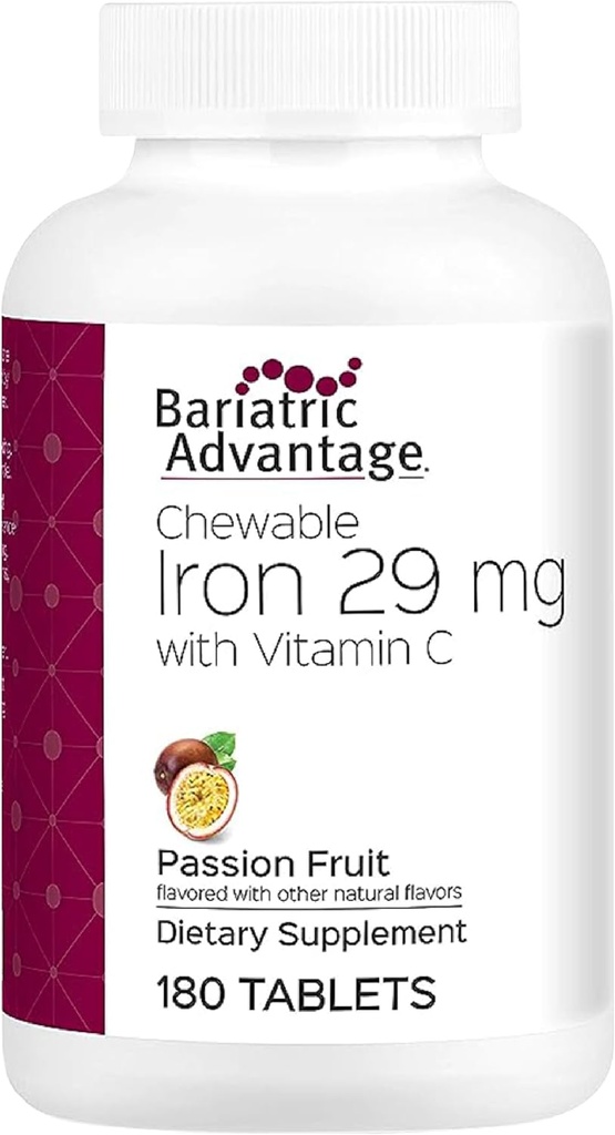 Avantage bariatrique Fer à mâcher 29 mg - pour les patients de chirurgie bariatrique - Fer avec vitamine C - Pas de goût de fer - Supplément ferro-fumé et carbonyle - Fruits de la passion - 180 Compte