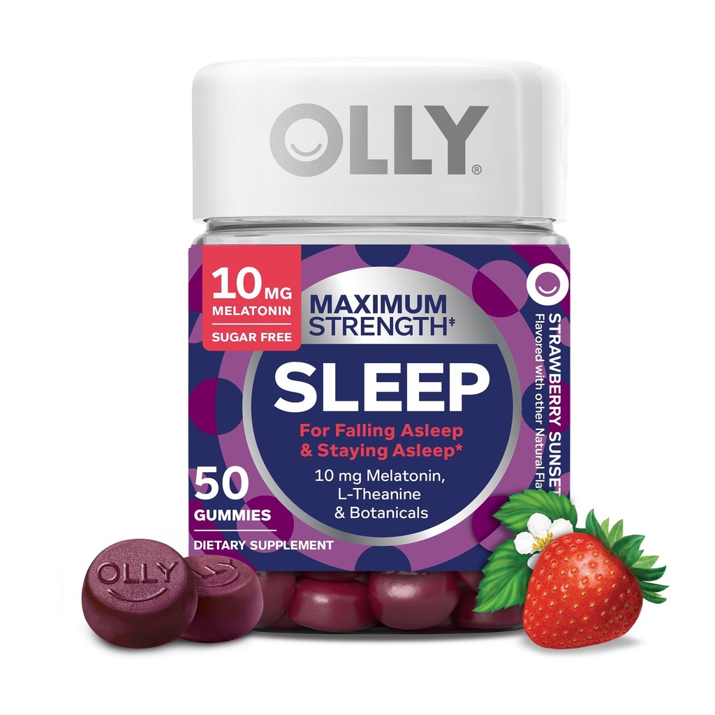 OLLY Max Strength Sommeil Gummy, 10mg Melatonine, L-Theanine, Camomille, Baume de citron, Sans sucre, Aide au sommeil végétarien, Fraise - 50 comte