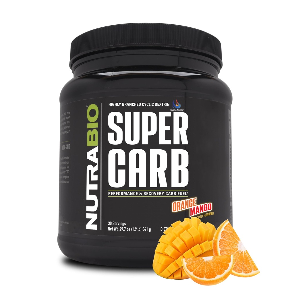 NutraBio Super Carb, Poudre d'hydrate de carbone avec Dextrine à grappes et électrolytes, Poudre de supplément de carb pour le carburant d'entraînement, la performance et la récupération musculaire, Dextrine cyclique, Mangue orange, 30 Sv