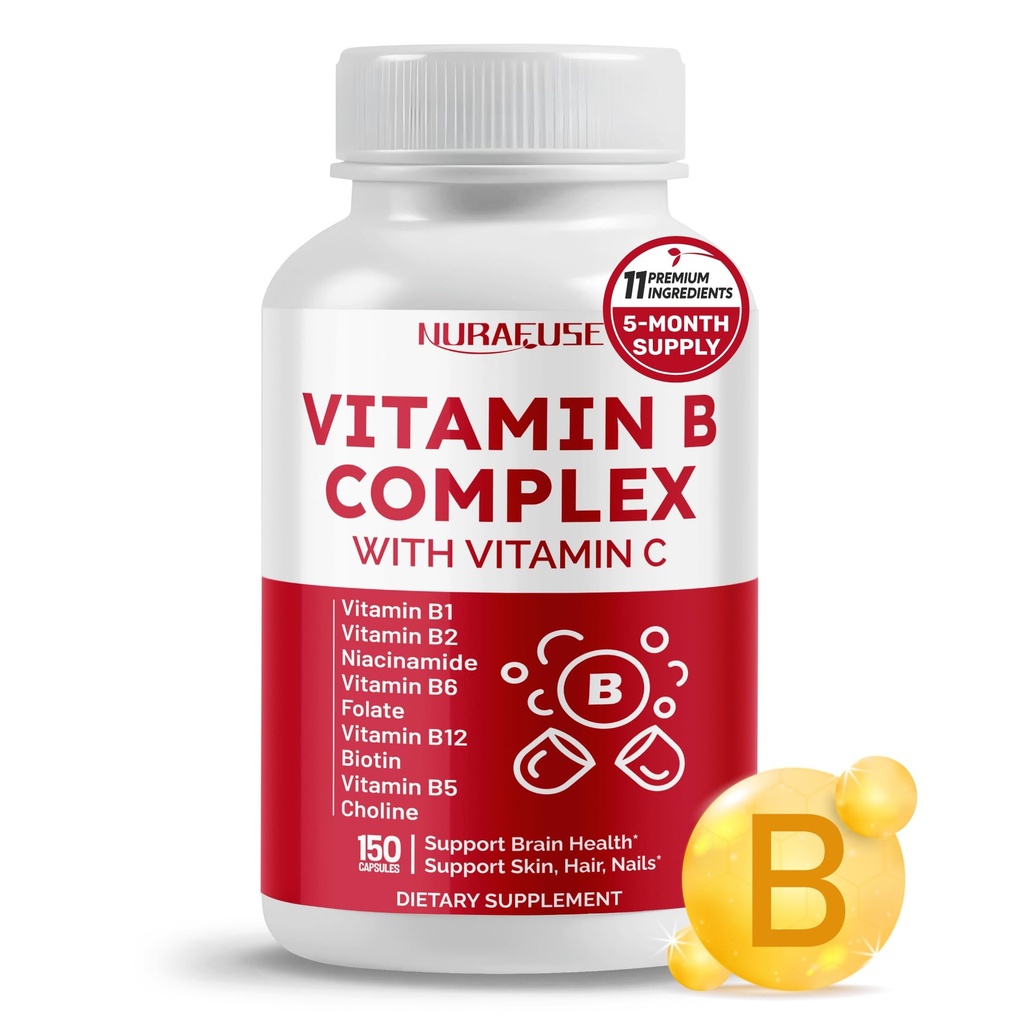 Vitamine B Complexe Vitamine B1, B2, 6,9,12 Niacine, avec vitamine C - Soutenir la santé du cerveau, les niveaux d'énergie, la peau, les cheveux et les ongles