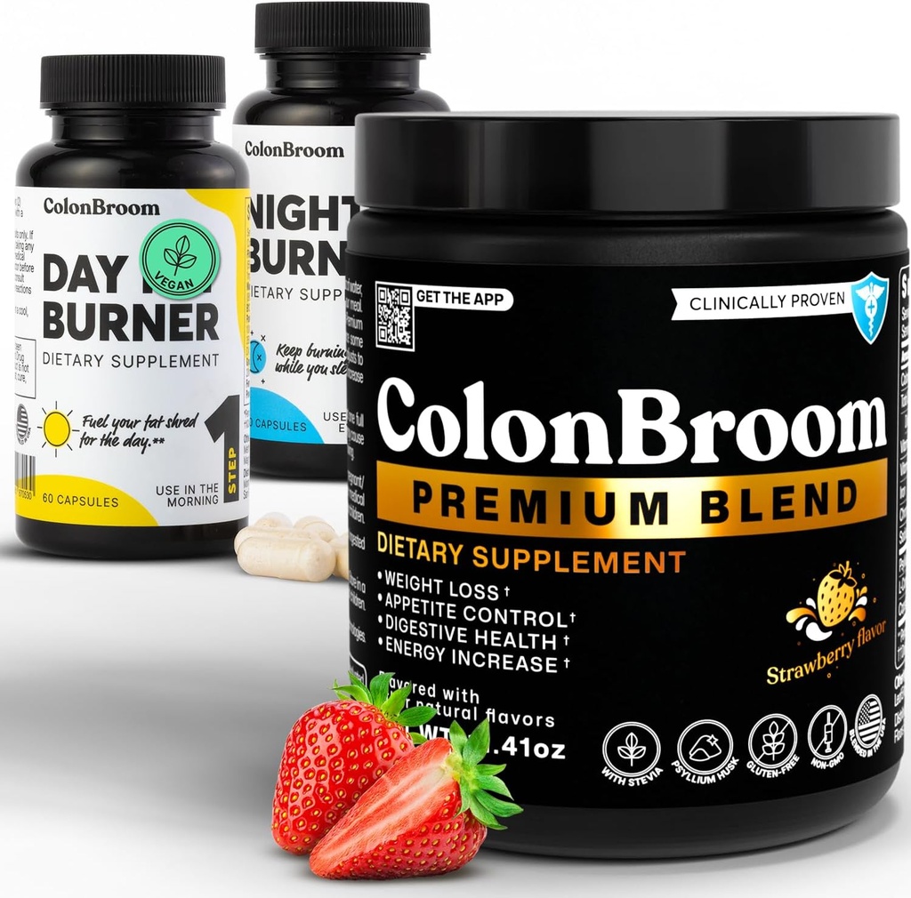 ColonBroom Premium Psyllium Husk Powder, Colon Broom Colon Cleanser Fiber Supplément pour le soulagement des ballonnements et la santé des vautours + Suppléments pour brûleurs de jour et de nuit, pilules de gestion du poids (60 portions), 3 articles
