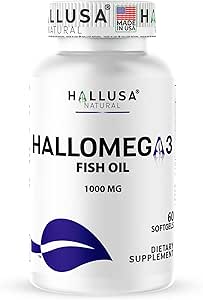 Omega 3 Huile de poisson 1000mg – EPA 180mg DHA 120mg – Supplément Omega 3 Acides gras – Heart, Eye & Joint Support – 60 Softgels – Hallusa Natural