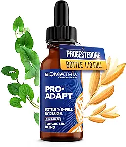 BioMatrix Progestérone, Micronisé avec Huile de Bran de Riz et Vitamine E. La bouteille est 1/3 Full par Design Pro-Adapt 15 ml.