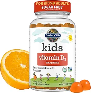Jardin de la vie Enfants Vitamine biologique D3 Gommies avec 800 UI (valeur quotidienne de 100 %) pour les os forts, les dents, le cerveau et l'immunité – non-OGM, sans gluten, végétarien, sans sucre, saveur orange, 60 portions