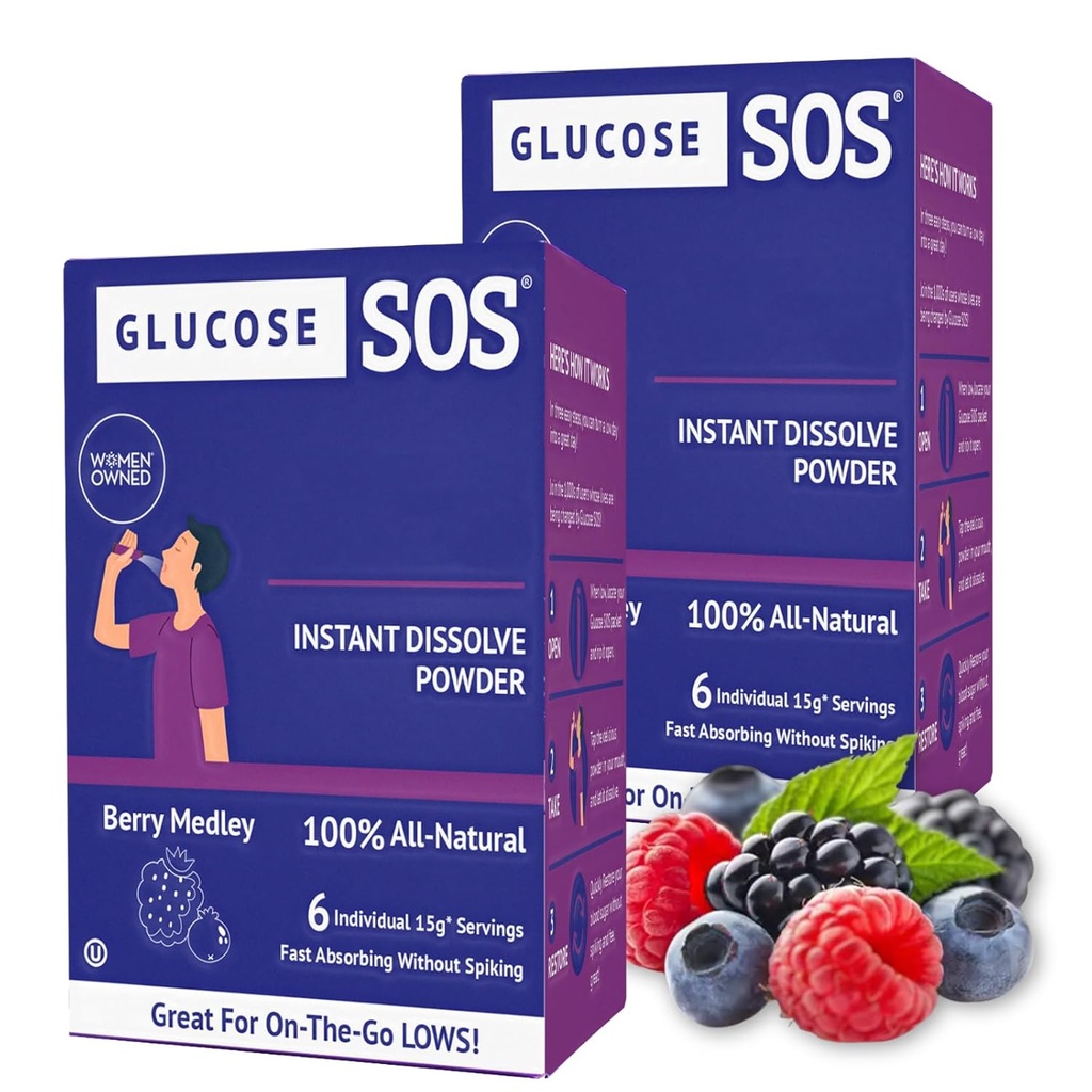 Glucose SOS Glucose en poudre avec Dextrose naturel, absorption rapide Qui se dissout instantanément dans votre bouche sans eau nécessaire, Berry Medley 12 portions