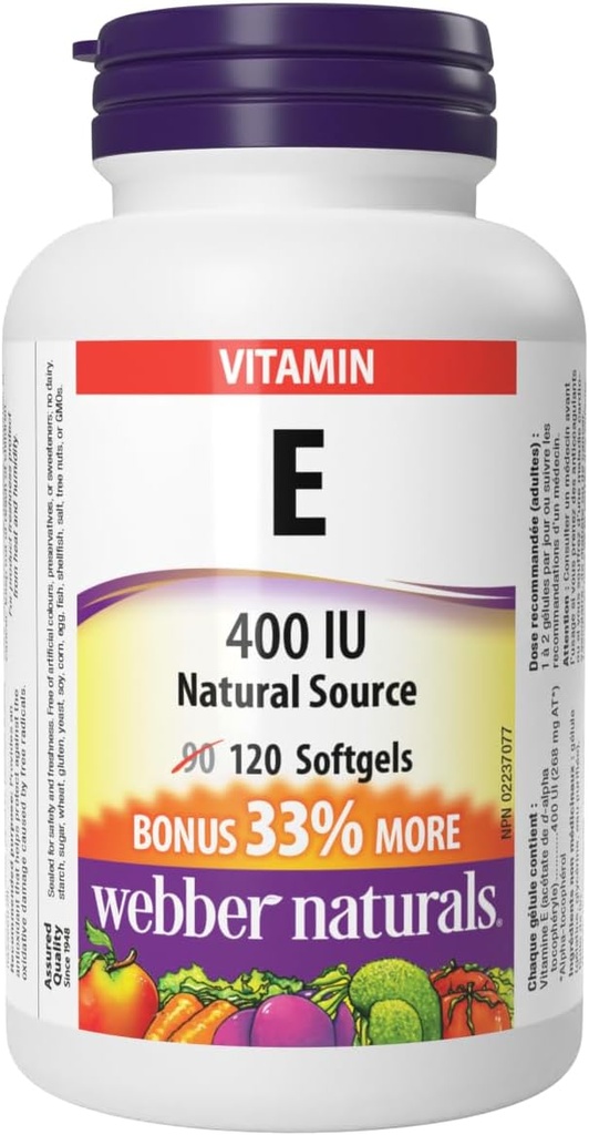 Webber Naturals Vitamine E Source naturelle Softgel, 400 UI-120 Softgels