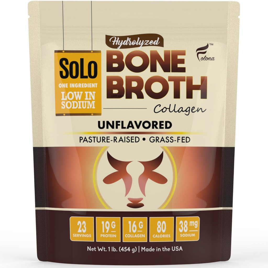 Solo Bone Broth Protein Collagen Poudre à faible teneur en sodium, 16g Collagène hydrolysé de type I et III, pour peau saine, ongles, cheveux, articulations et digestion, herbe, 1 lb (Bag - Net Wt. 1 lb. Poudre)