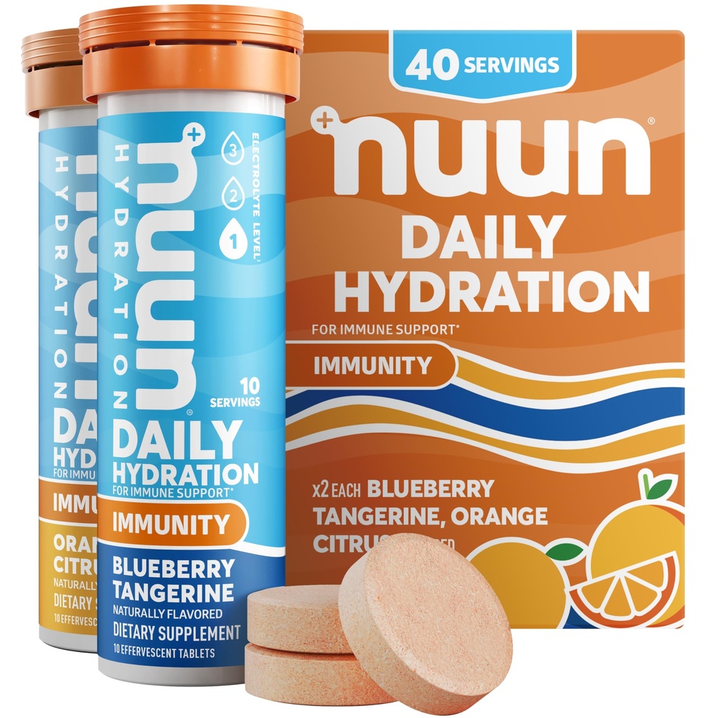 Nuun Immunity Electrolyte Comprimés avec Vitamine D, C, E, & A, Ginger, Elderberry, Magnésium et 4 autres électrolytes essentiels, Vegan, Blueberry Tangerine et Orange Citrus, 4 Pack (40 portions Total)