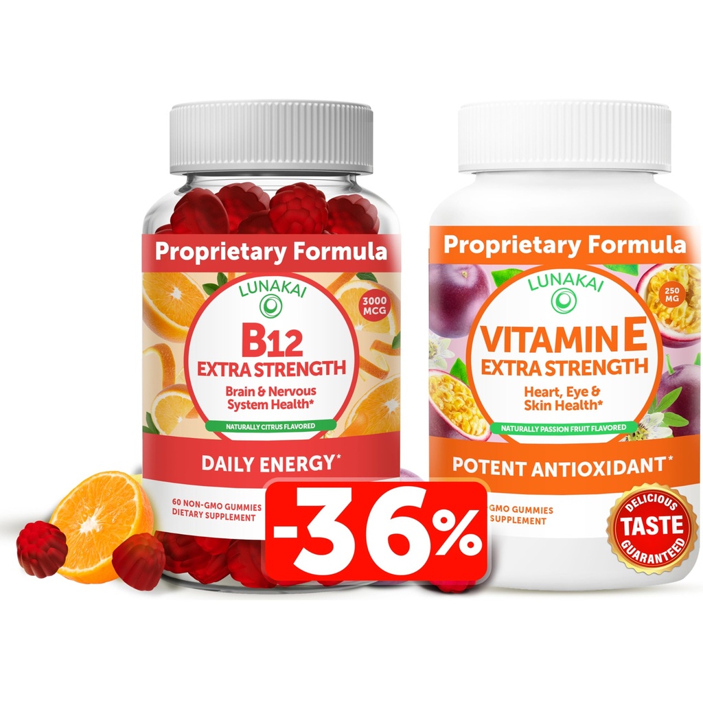 Lunakai Vitamine B12 and Vitamine E Gummies Bundle - 3000 mcg Gummies for Adults Energy Support and Bone Health - 250 mg 1000 iu VIT naturel E Plus C suppléments