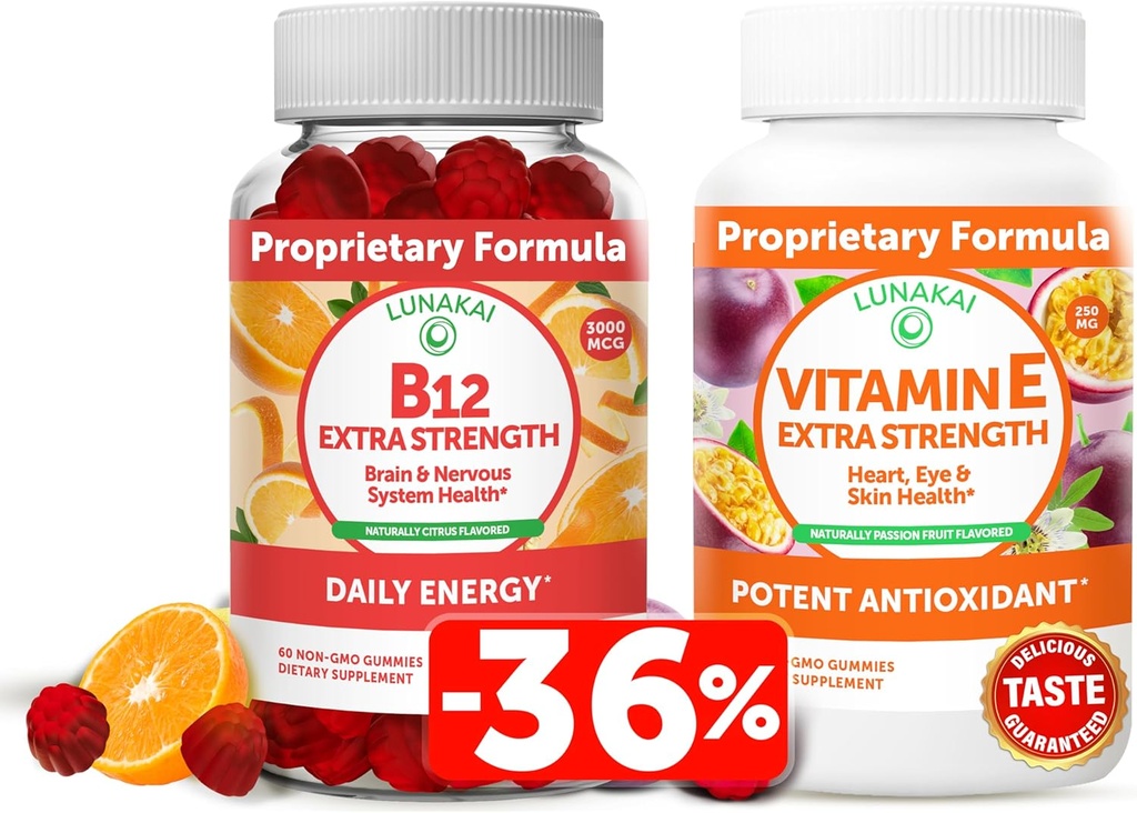Lunakai Vitamine B12 and Vitamine E Gummies Bundle - 3000 mcg Gummies for Adults Energy Support and Bone Health - 250 mg 1000 iu VIT naturel E Plus C suppléments