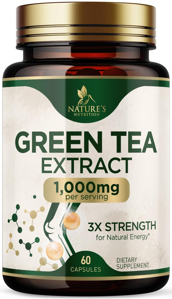 Capsules d'extrait de thé vert 1000 mg - Standardisé 45% EGCG & 98% Polyphénols - Pills de thé vert 3X Strength pour l'énergie naturelle - Soutient la santé cardiaque, supplément à base de plantes, végétalien, non-OGM - 60 capsules