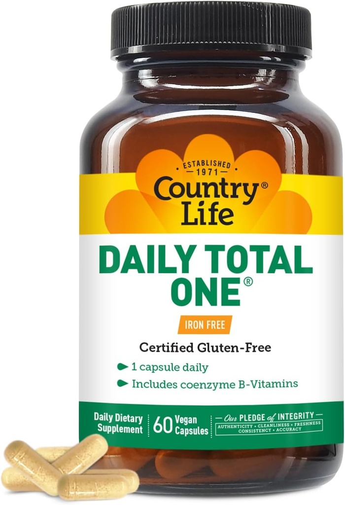 Country Life Daily Total One Multivitamine, sans fer Une fois par jour Multivitamine et complexe multiminéral, vitamines A, C, D, y compris Coenzyme B-Vitamines, soutient le métabolisme énergétique, 60 capsules végétaliennes