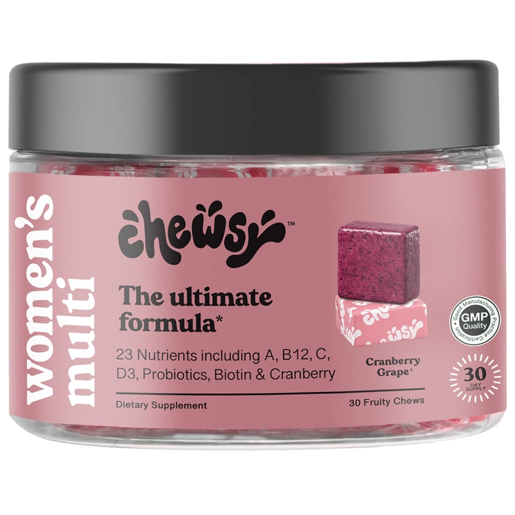 CHEWSY Multivitamine pour femmes - Immune et soutien énergétique - 23 nutriments incluant A, B12, C, acide folique, probiotiques, biotine, canneberge - 30 jours d'approvisionnement