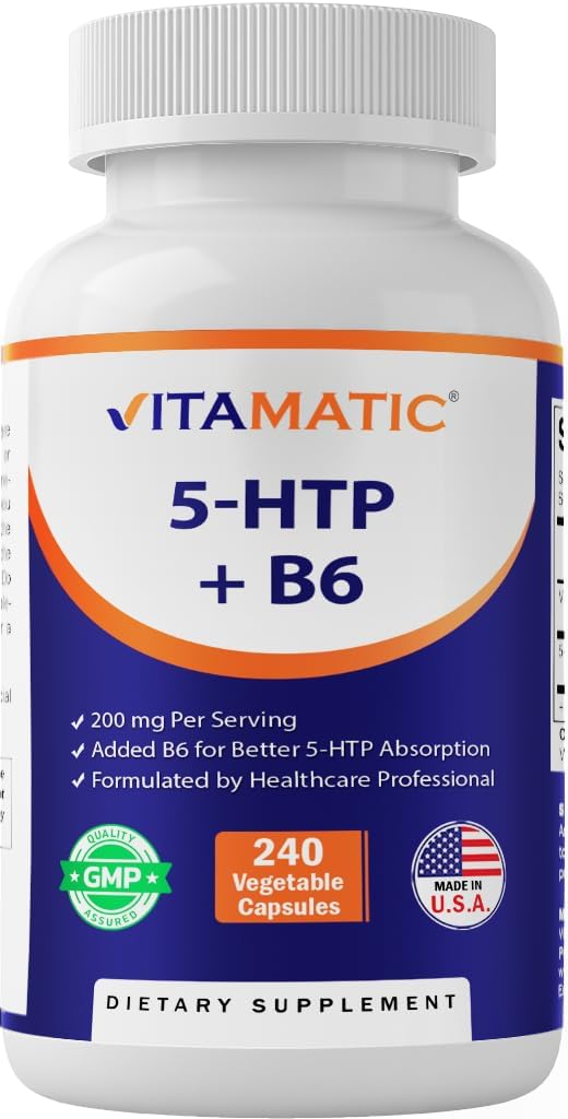 Vitamatic 5-HTP 200mg avec B6 5mg par portion - 240 Capsules végétariennes (5-Hydroxytryptophane) - (extrait de graines de Griffonia Simplicifolia)