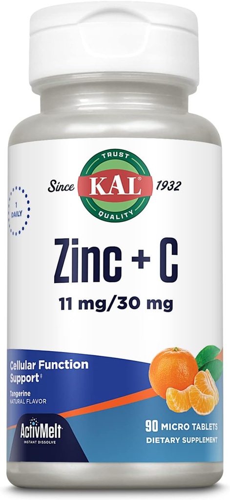 KAL Zinc Plus C, Dissoudre immédiatement la vitamine C et le zinc, Fonction cellulaire et support immunitaire, Absorption optimale, Saveur de Tangerine naturelle, garantie de remboursement de 60 jours, 90 portions, 90 micro comprimés