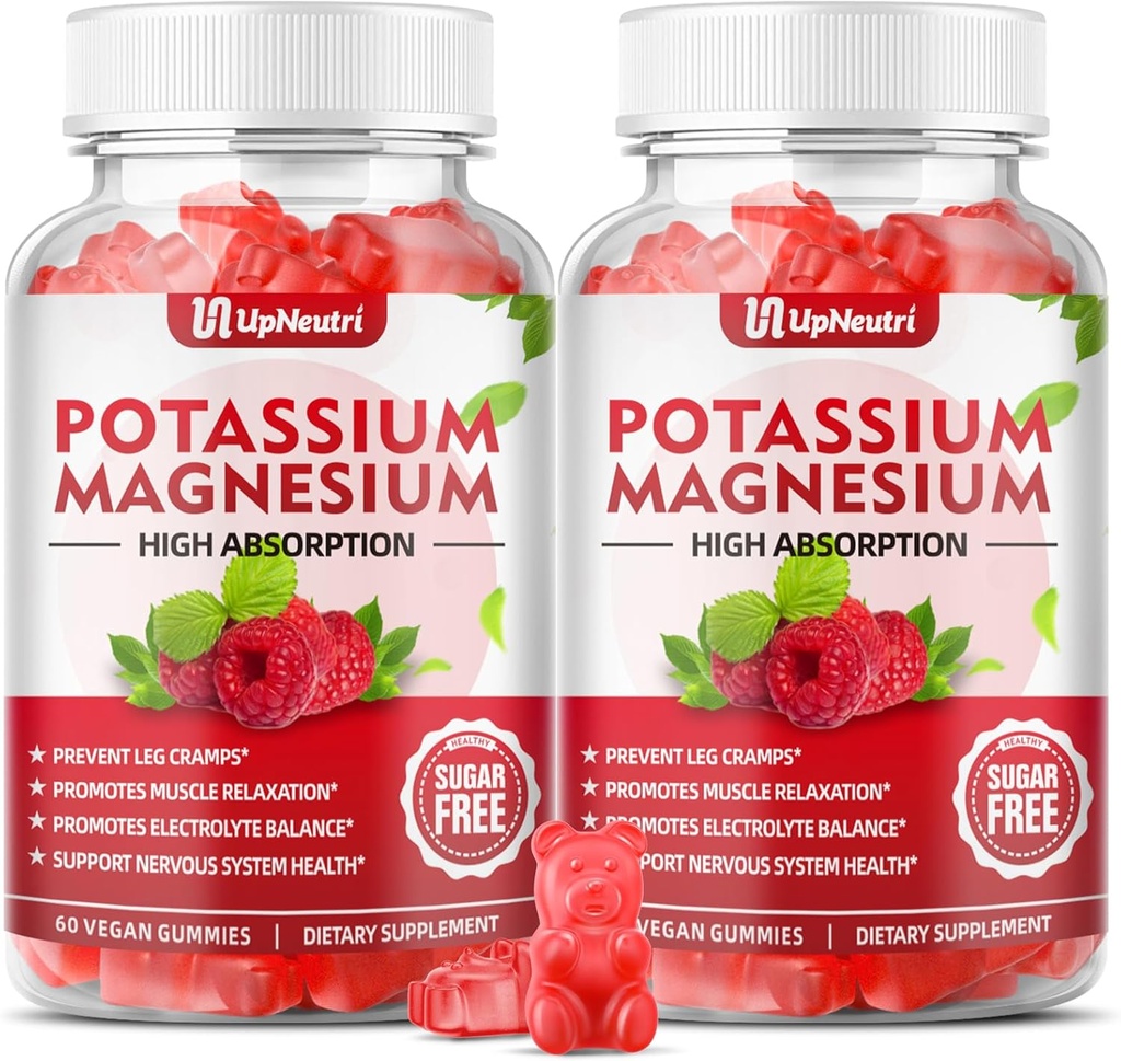 Supplément de magnésium de potassium Gommies pour adultes Enfants, Gommies de potassium sans sucre soutient les crampes de jambe et la santé musculaire et immunitaire, haute absorption Gommies de magnésium Flacon de framboise 120 Cts