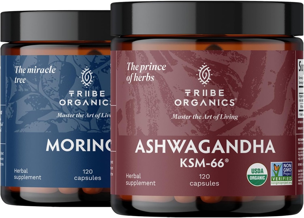 TRIBE ORGANICS Endurance Duo: Organic KSM-66 Ashwagandha + Organic Moringa - Vegan Capsules - 2 Month Supply - Brain Function, Focus, Mood Support, Energy and Strength