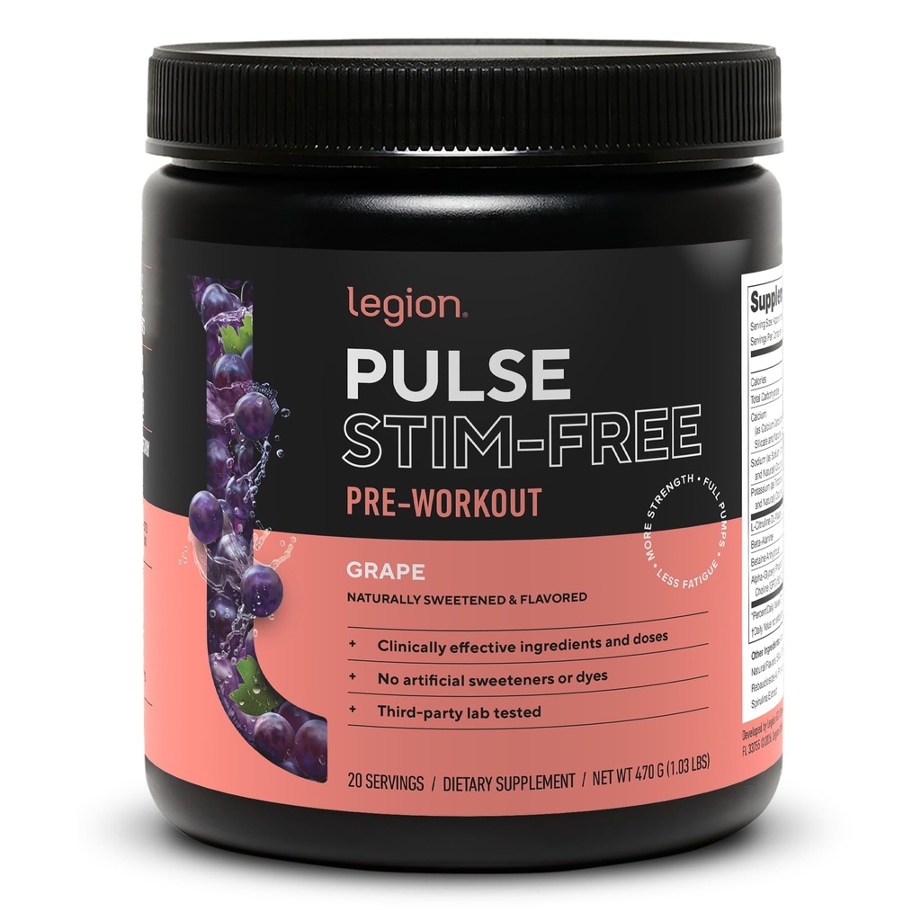 LÉGION Pulse Pre Workout Supplément - Toutes les boissons naturelles à l'oxyde nitrique pour stimuler l'énergie, sans créatine, naturellement sucrée, Beta Alanine, Citrulline, Alpha GPC (Raisin sans caféine)